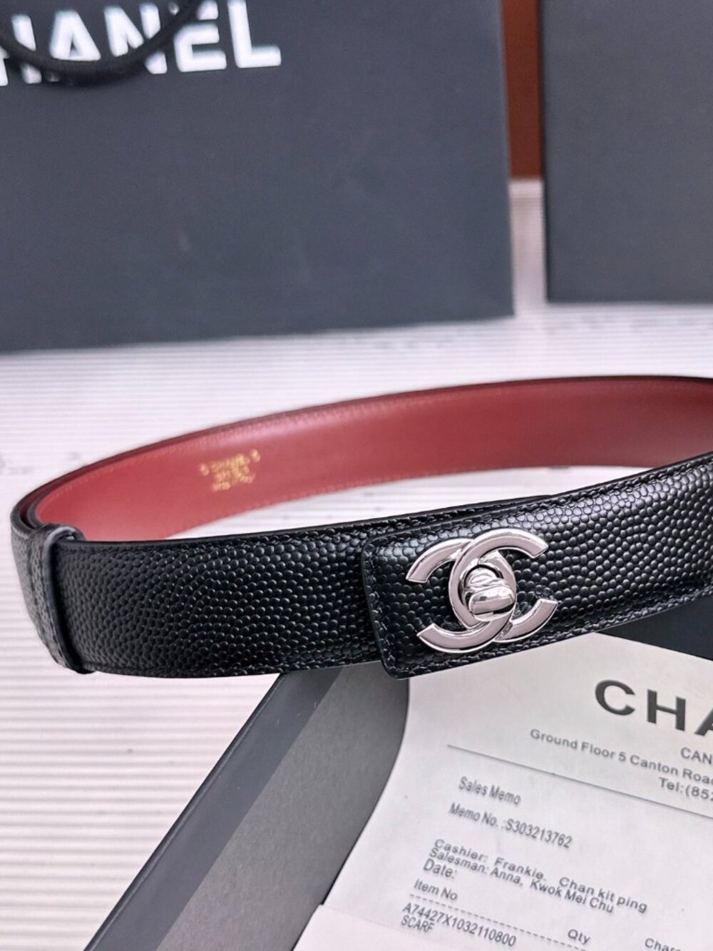 CHANEL Turnlock CC Reversible Belt, Caviar Leather Black / Burgundy, Silver Hard